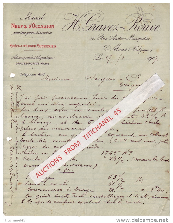 Lettre 1907 MONS - H. GRAVEZ-RORIVE - Matériel Neuf & D´occasion Pour Industries - Spécialités Pour Sucreries - ... - 1799
