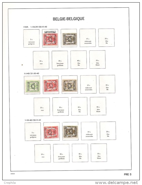 Belgique - Préoblitérés 1927/1986 - Sur Feuilles Davo - Neuf ** Et Sans Gomme (début) - Altri & Non Classificati