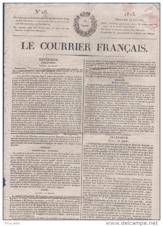 LE COURRIER FRANCAIS 26 01 1825 - LONDRES - TURQUIE - SUISSE LUCERNE BALE - EMIGRES - RENTES DE NAPLES - BOUCHERS PARIS - 1800 - 1849