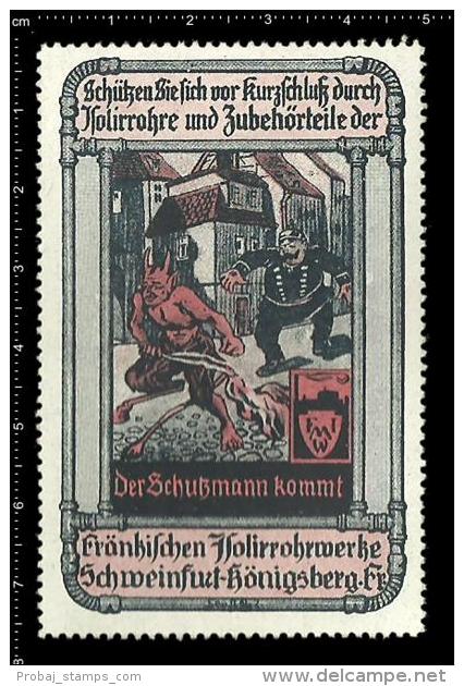 Original German Poster Stamp Cinderella Reklamemarke Devil Teufel Demon Construction Fire Feuer Polizist Policeman - Police - Gendarmerie