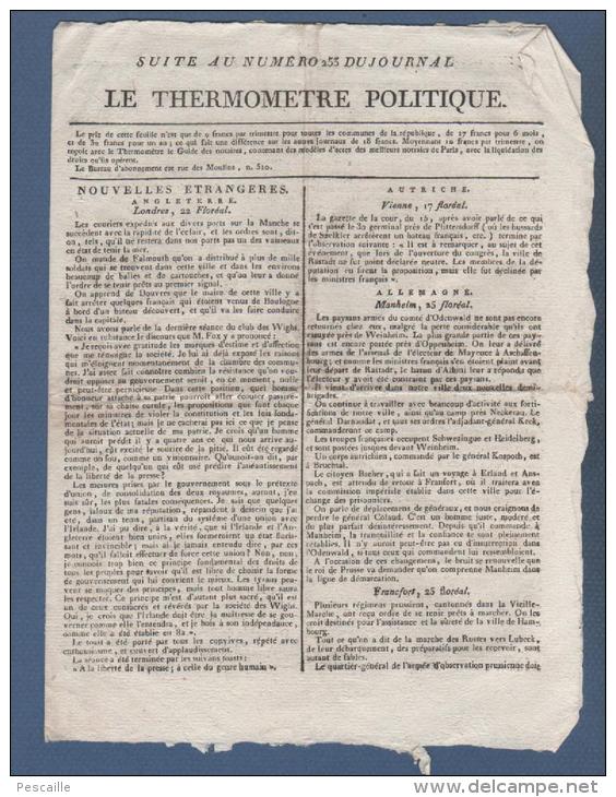 1799 - LE THERMOMETRE POLITIQUE FLOREAL - LONDRES - MANHEIM ODENWALD - FRANCFORT - ITALIE - LYON OTAGES PIEMONTAIS - - Periódicos - Antes 1800