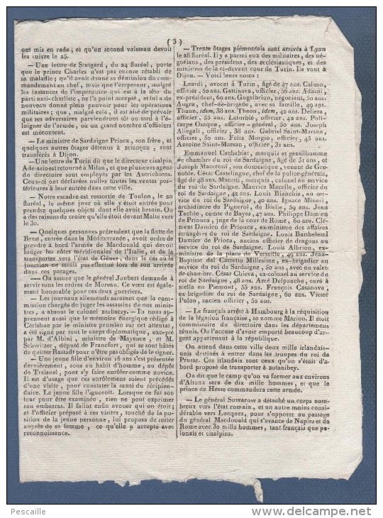 1799 - LE THERMOMETRE POLITIQUE FLOREAL - LONDRES - MANHEIM ODENWALD - FRANCFORT - ITALIE - LYON OTAGES PIEMONTAIS - - Kranten Voor 1800