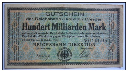 Notgeld Reichsbahn 100  Milliarden Mark  Dresden - 100 Mrd. Mark