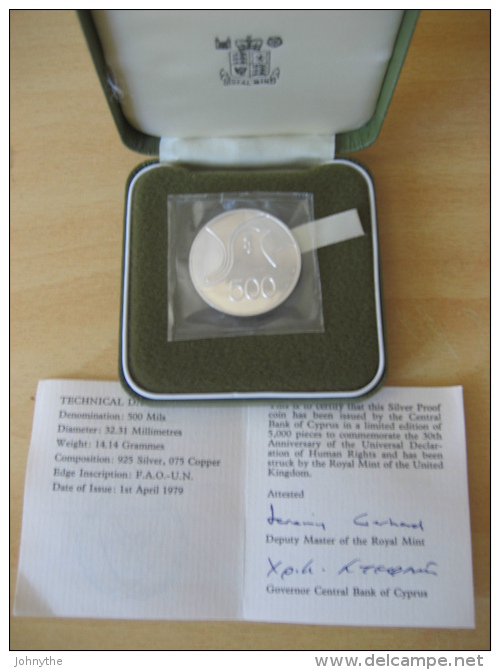 CYPRUS 1978 500 MILS SILVER PROOF COIN 1978 "HUMAN RIGHTS" UNC Sealed - Cyprus