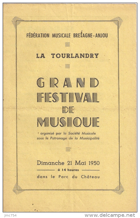 FESTIVAL DE MUSIQUE. LA TOURLANDRY (49)  1950 - Programmes