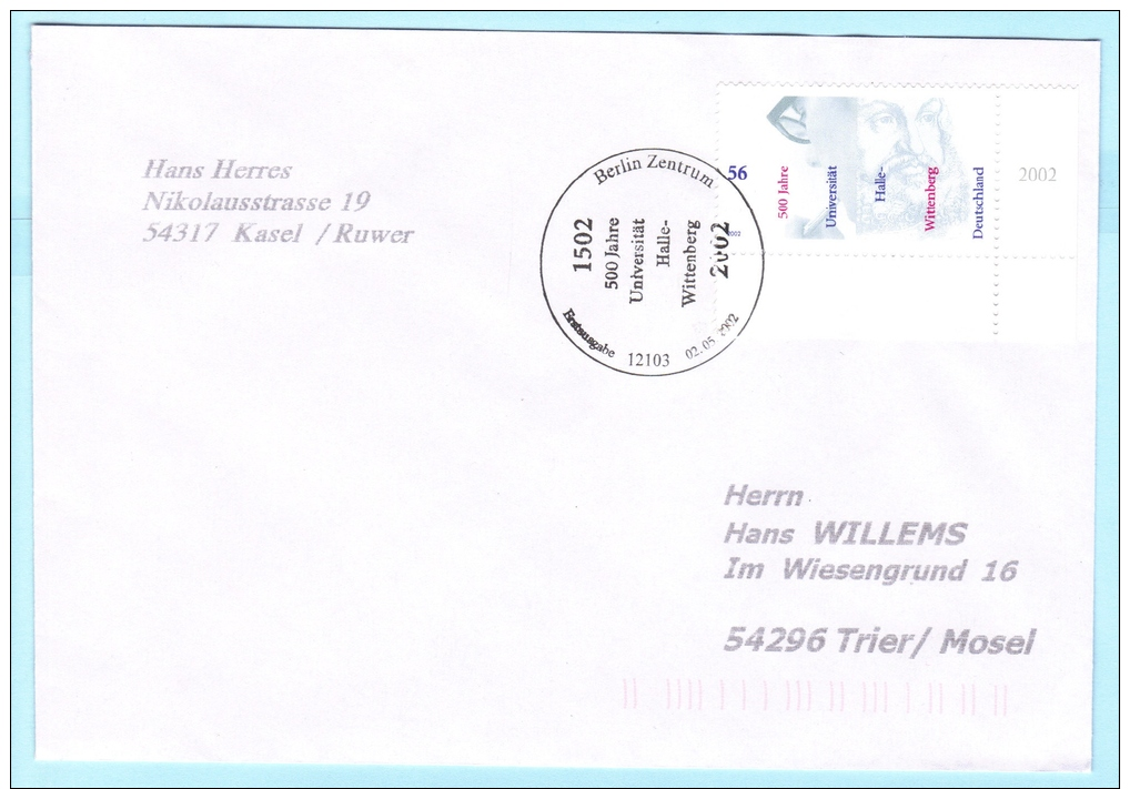 BUND BRD FRG GERMANY Brief Cover Lettre FDC - 2254 (Eck-Rand) UNI - Halle-Wittenberg 500 Jahre   (30182) - Autres & Non Classés