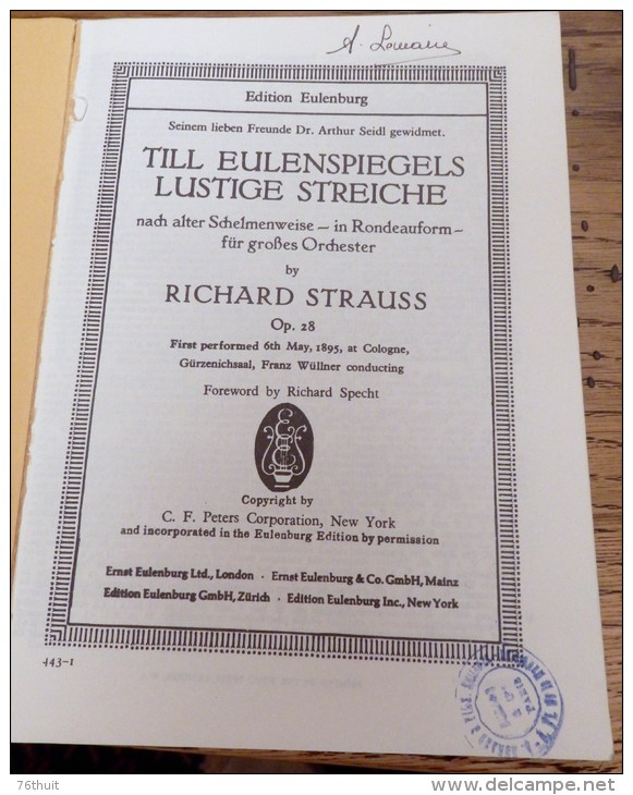 Richard STRAUSS - Till Eulenspiegel - Op 28 - Editions Eulenburg - S-U