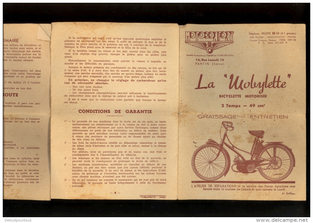 La MOBYLETTE Motoconfort Rue Lesault PANTIN Seine Dépliant Entretien 4e édition - Motor Bikes