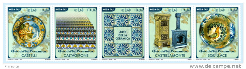 2012 Italy - Made In Italy - Ceramics - Strip Of 5 V On Paper - MNH ** - 2011-20: Mint/hinged