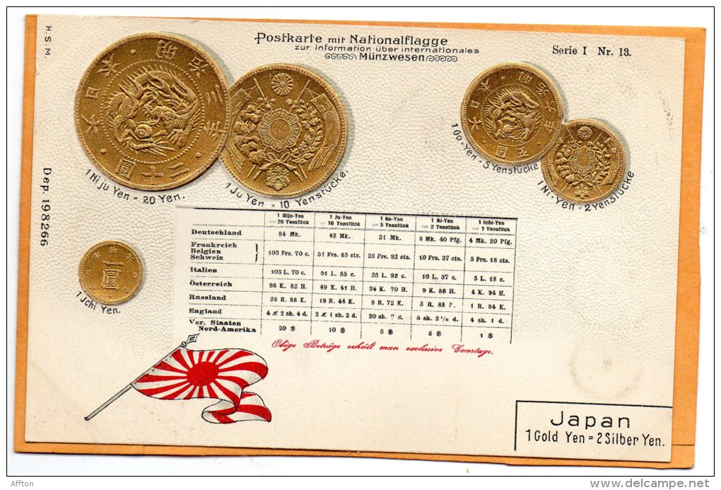 Japan Coins & Flag Patriotic 1900 Postcard - Munten (afbeeldingen)