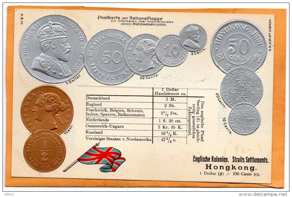 Hong Kong & Straits Settlements Coins & Flag 1900 Postcard - Monete (rappresentazioni)