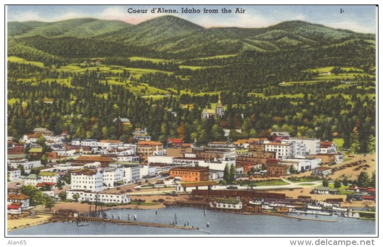 Coeur D'Alene ID Idaho, View Of Town From Air, Lake, C1940s/50s Vintage Linen Postcard - Coeur D'Alene