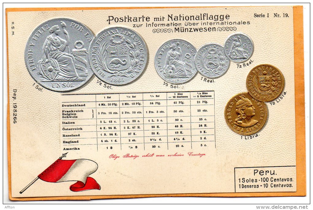Peru Coins & Flag Patriotic 1900 Postcard - Monnaies (représentations)
