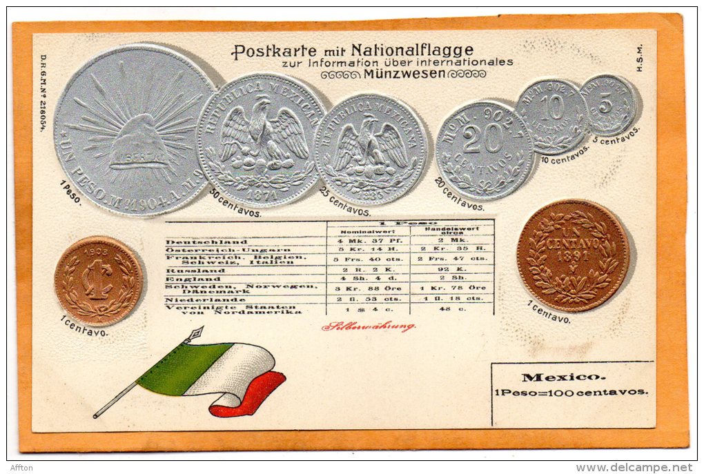 Mexico Coins & Flag Patriotic 1900 Postcard - Monnaies (représentations)