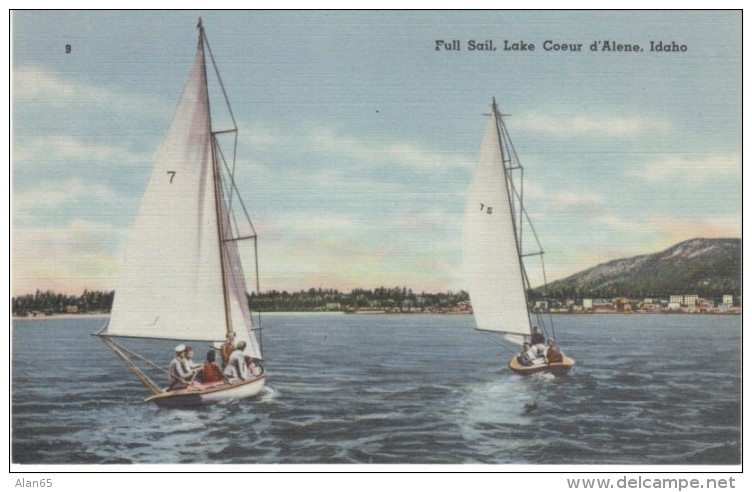 Coeur D'Alene ID Idaho, Sail Boats On Lake, C1940s Vintage Linen Postcard - Coeur D'Alene