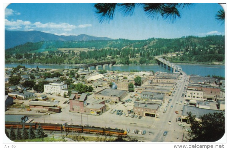 Bonners Ferry ID Idaho, View Of Downtown, Train Railroad, Kootenai River, C1950s Vintage Postcard - Autres & Non Classés