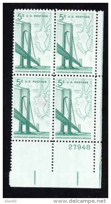 #1235, #1258 &amp; #1264, Plate # Blocks Of 4 US Stamps, Cordell Hull, Verrazano Bridge, Winston Churchill - Plate Blocks & Sheetlets