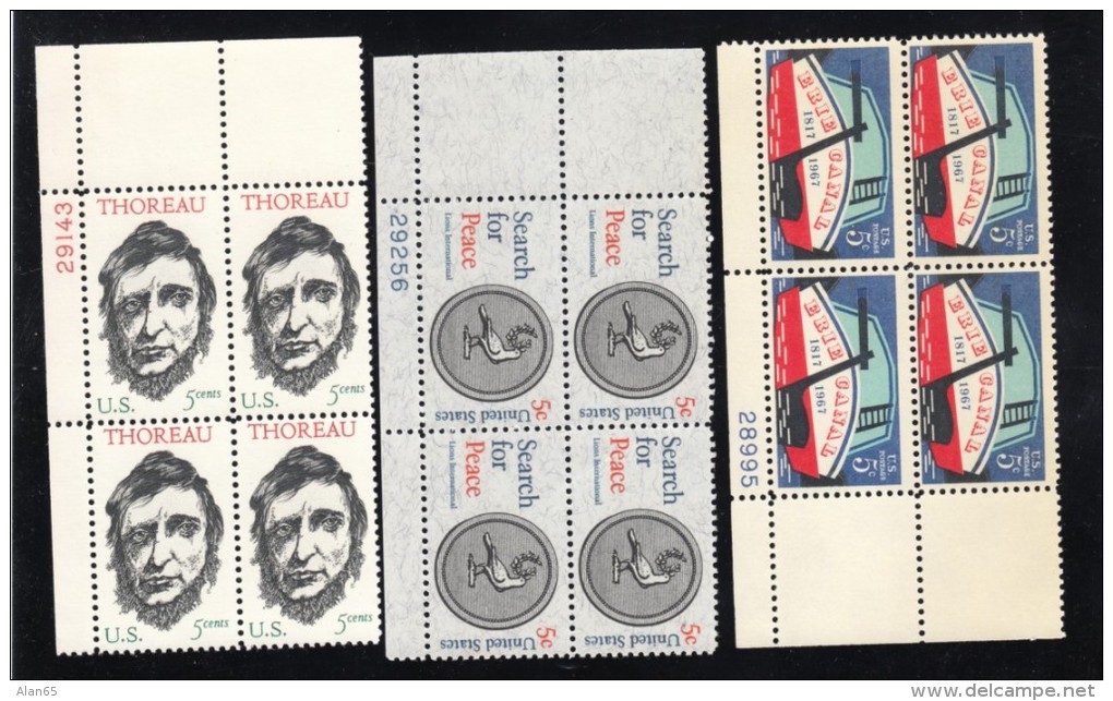 #1325 #1326 &amp; #1327, Plate # Blocks Of  4 US Stamps Erie Canal, Search For Peace, Henry David Thoreau - Plate Blocks & Sheetlets