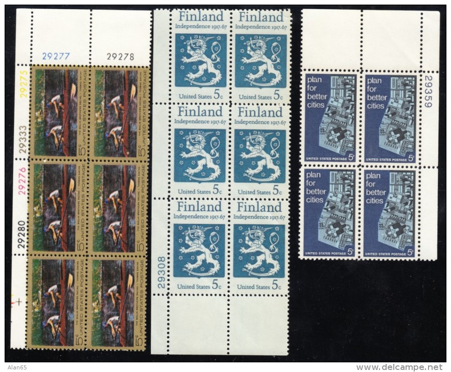 #1333 #1334 &amp; #1335, Plate # Blocks Of 4 Or 6 US Stamps Urban Planning, Finland, Thomas Eakins - Plattennummern