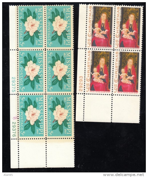 #1336 &amp; #1337, Plate # Blocks Of 4 Or 6 US Stamps 1967 Christmas Stamp Issue, Mississippi Statehood - Numéros De Planches