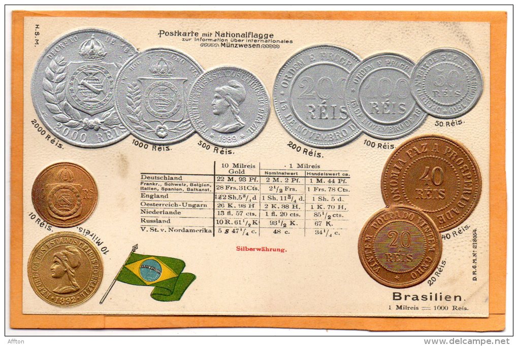 Brazil Coins & Flag Patriotic 1900 Postcard - Monete (rappresentazioni)