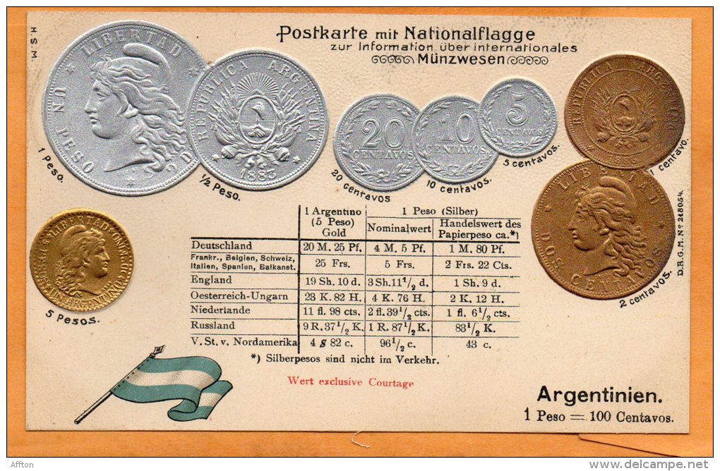 Argentina Coins & Flag Patriotic 1900 Postcard - Coins (pictures)
