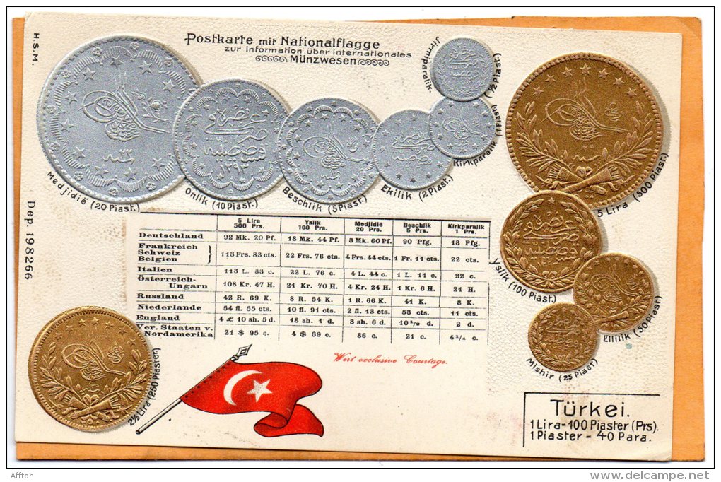 Turkey Coins & Flag Patriotic 1900 Postcard - Monnaies (représentations)