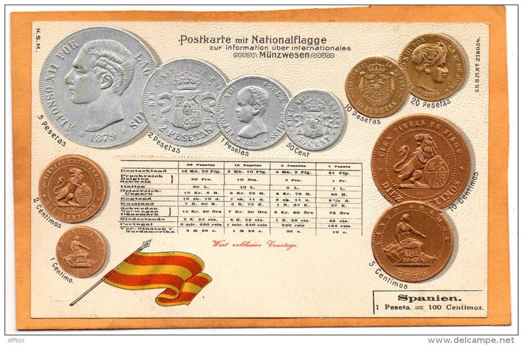 Spain Coins & Flag Patriotic 1900 Postcard - Monete (rappresentazioni)