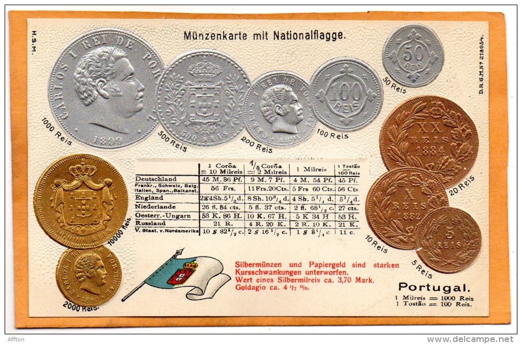 Portugal Coins & Flag Patriotic 1900 Postcard - Monnaies (représentations)