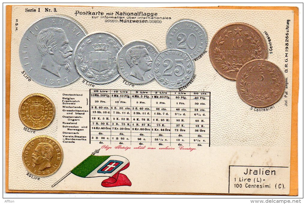 Italy Coins & Flag Patriotic 1900 Postcard - Monnaies (représentations)