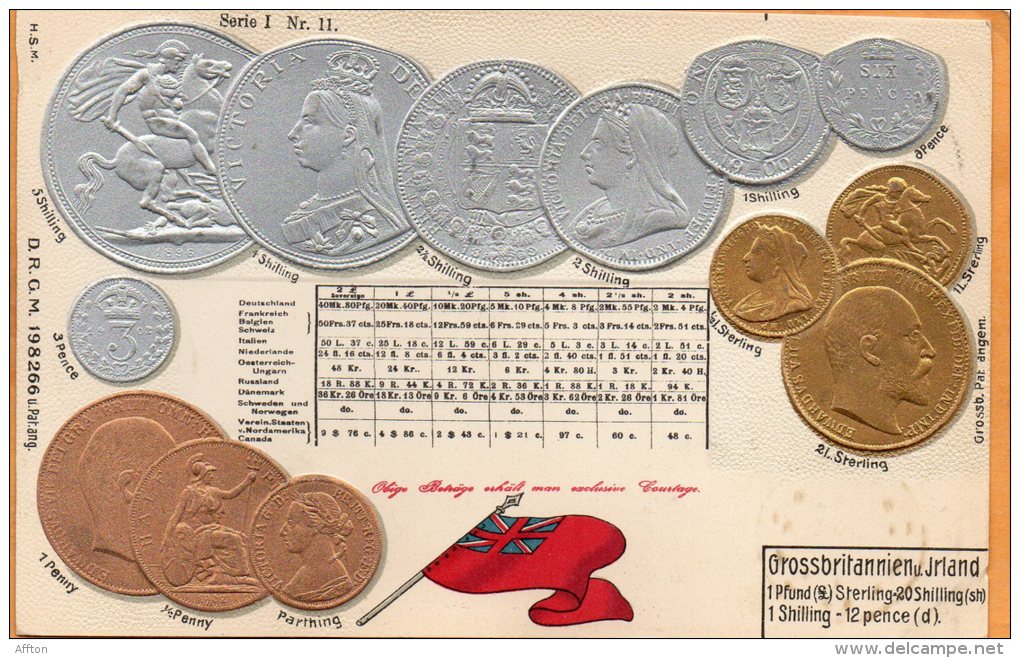UK & Ireland Coins & Flag Patriotic 1900 Postcard - Monete (rappresentazioni)