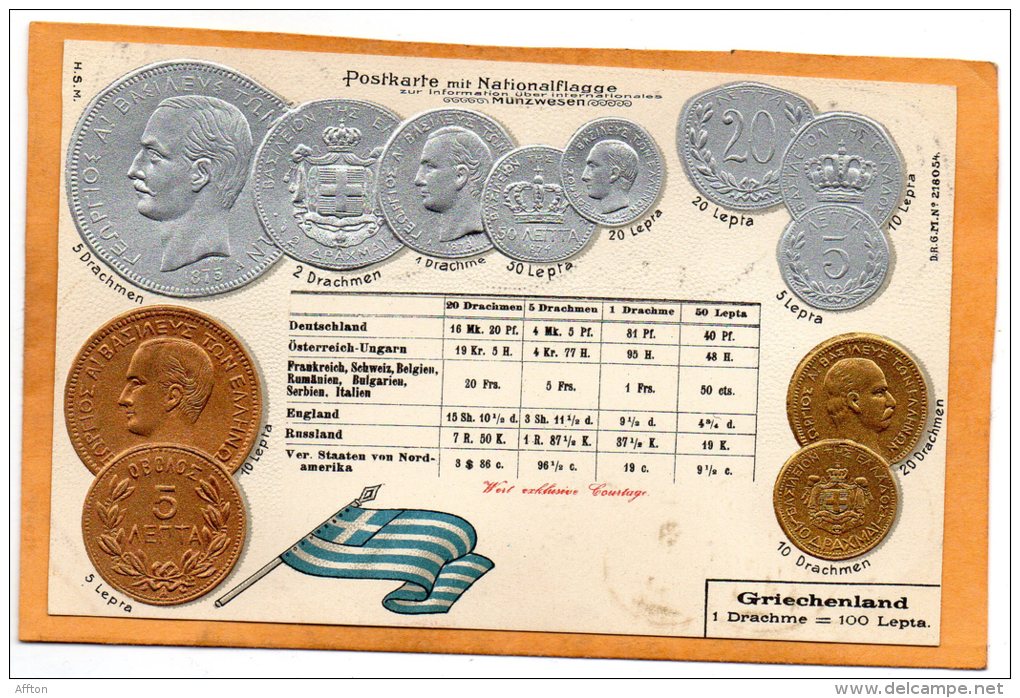 Greece Coins & Flag Patriotic 1900 Postcard - Monnaies (représentations)