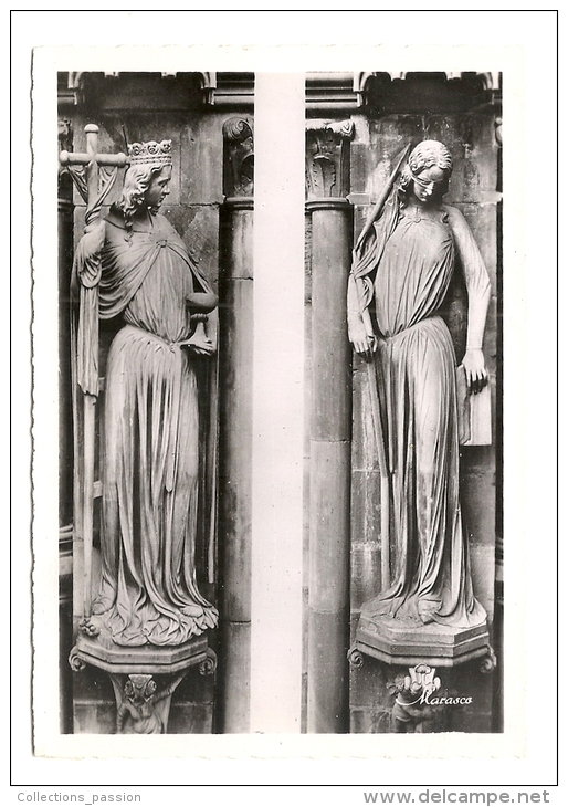 Cp, Sculpture, Strasbourg (67), La Cathédrale, L´Eglise Et La Synagogue, Portail De L´Horloge - Sculpturen