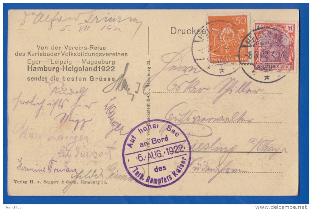 Deutschland; Hamburg; Uhlenhorst; Fährhaus; Schiffpost 1922; Stempel Auf Hoher See Dampfer Kaiser Hamburg Helgoland - Nord