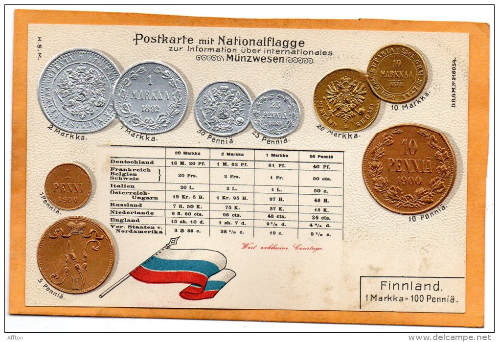 Finland Coins & Flag Patriotic 1900 Postcard - Monete (rappresentazioni)