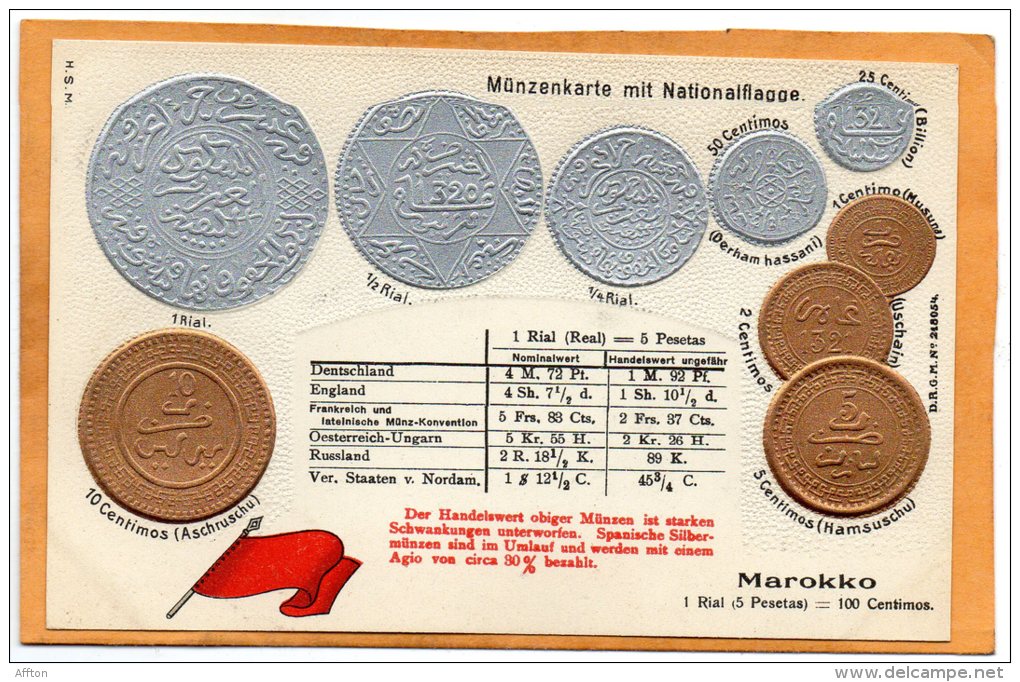 Morocco Coins & Flag Patriotic 1900 Postcard - Monedas (representaciones)