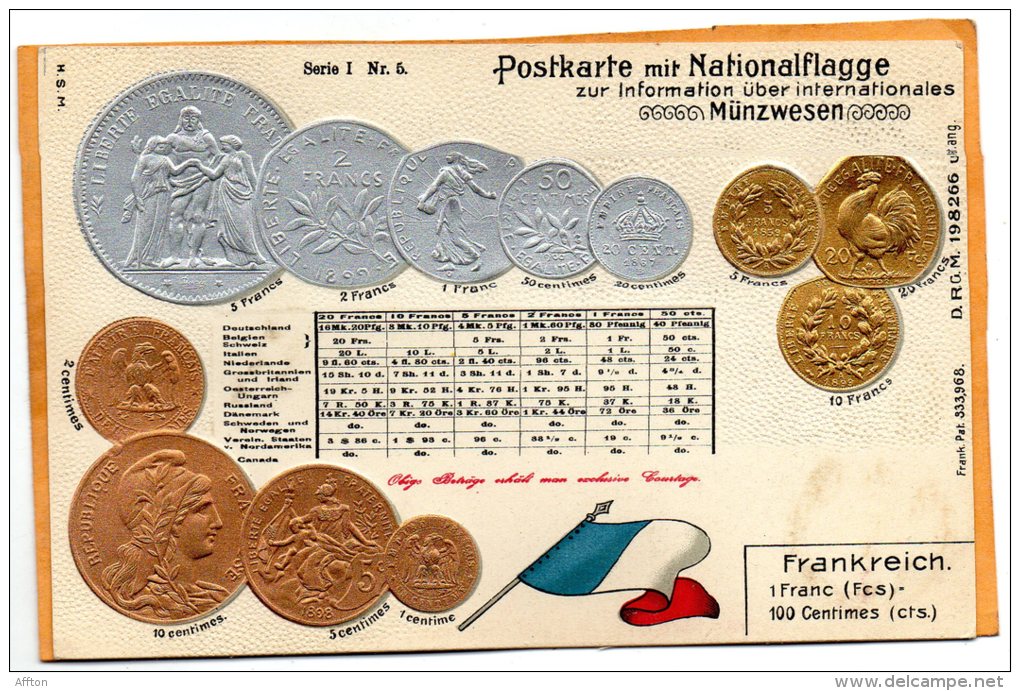 France Coins & Flag Patriotic 1900 Postcard - Monedas (representaciones)