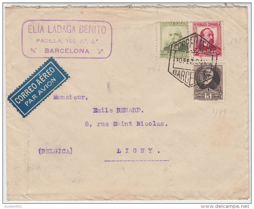13414 Par Avion De Barcelone à Ligny Via Paris 10/02/1934 - Lettres & Documents