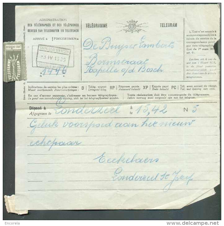 Télégramme Adressé à (obl. Ferroviaire) CAPELLE-OP-DEN-BOSCH - CAPELLE-AU-BOIS Du 3-IV-1929 Déposé à Londerzeel. 9327 - Timbres Télégraphes [TG]