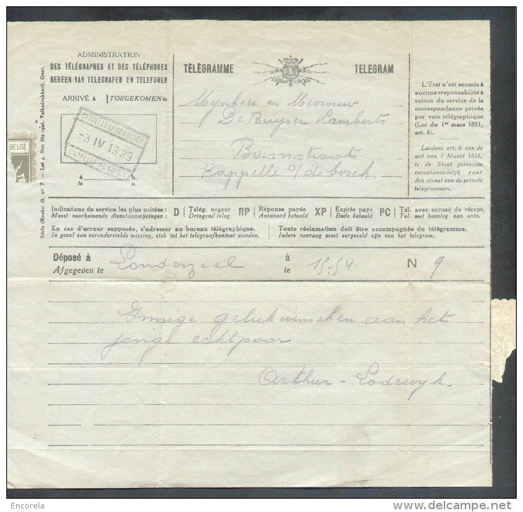 Télégramme Adressé à (obl. Ferroviaire) CAPELLE-OP-DEN-BOSCH - CAPELLE-AU-BOIS Du 3-IV-1929 Déposé à Londerzeel. 9328 - Timbres Télégraphes [TG]