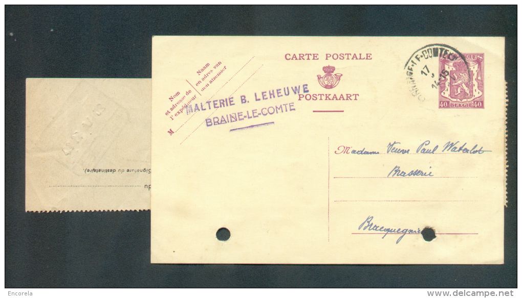 EP Carte 40 Centimes Lion Obl. Sc BRAINE-le-COMTE Du 17-V-1941 à L´entête MALTERIE B. LEHEUVE Vers Bracquegnies.  ESt Co - Tarjetas 1934-1951