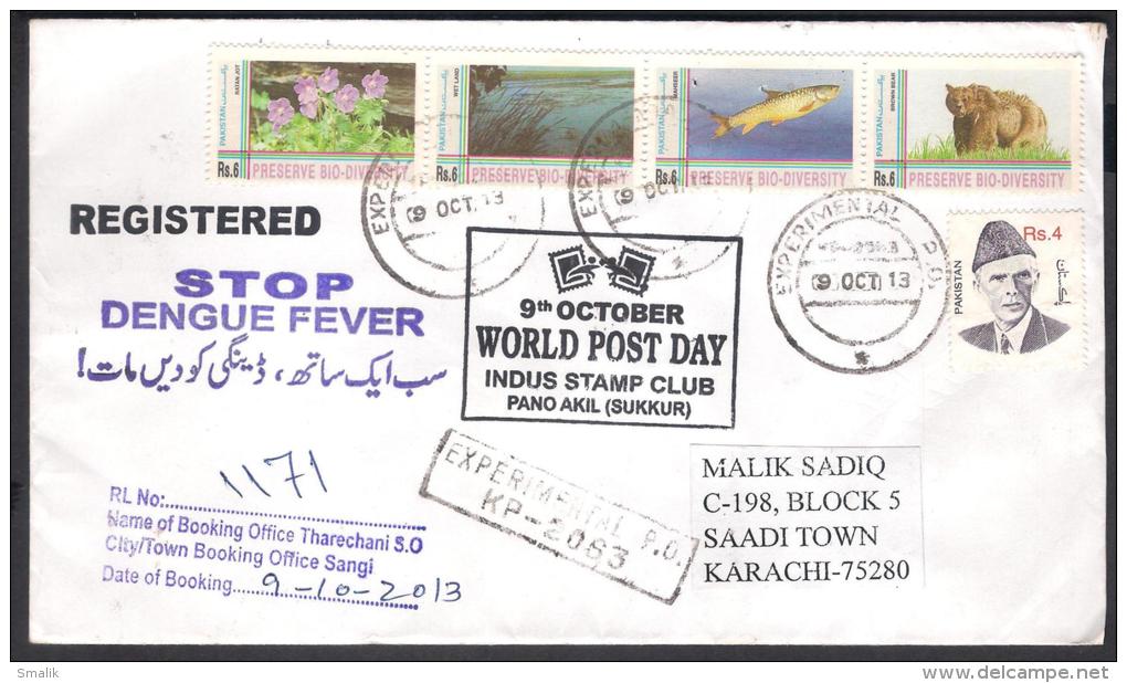 Stop Dengue Fever, World Post Day UPU Slogan Postmark On Cover Used Registered Experimental P.O. KP-2063 PAKISTAN 2013 - Pakistan