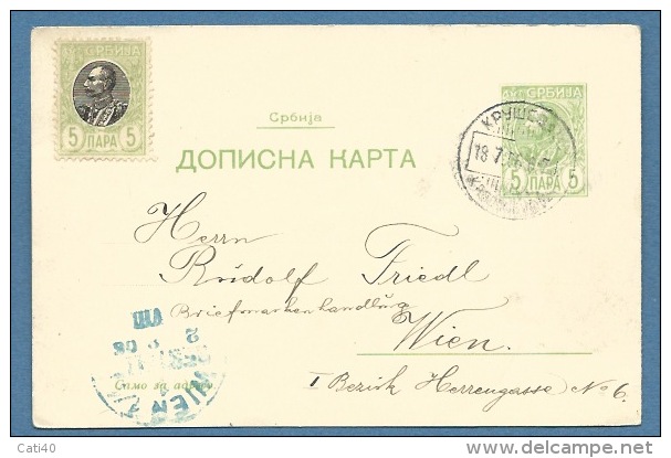 SERBIA  - INTERO   POSTALE    5 + 5  PER  VIENNA  WIEN  - 1903 - Serbia