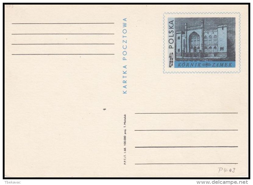 Poland 1968, Postal Stationery "Tourism - A Castle In Kórniku" Cp 370, Mint - Stamped Stationery