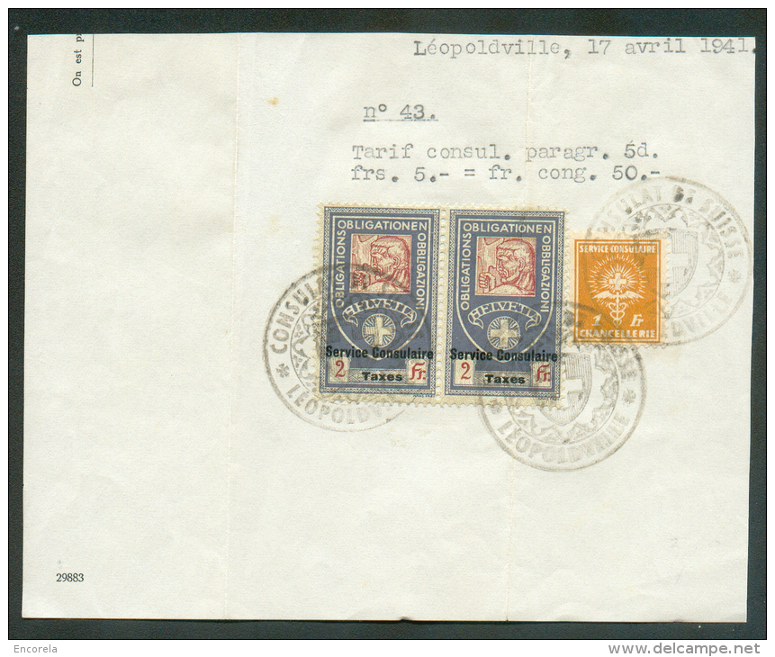 Timbres Consulaires De 2Fr(x2)-1Fr. Obl. Dc CONSULAT DE SUISSE * LEOPOLDVILLE Sur Partie De Document Du 17 Avril 1941 - - Fiscaux