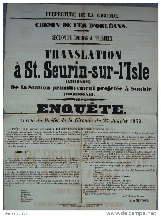 33 -ST SAINT SEURIN SUR ISLE- PREFECTURE LA GIRONDE-CHEMIN DE FER D' ORLEANS- COUTRAS A PERIGUEUX- STATION SOUBIE 1859- - Plakate