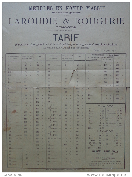 87 - LIMOGES - AFFICHETTE TARIFS MEUBLES EN NOYER MASSIF- LAROUDIE & ROUGERIE -1892 - Posters