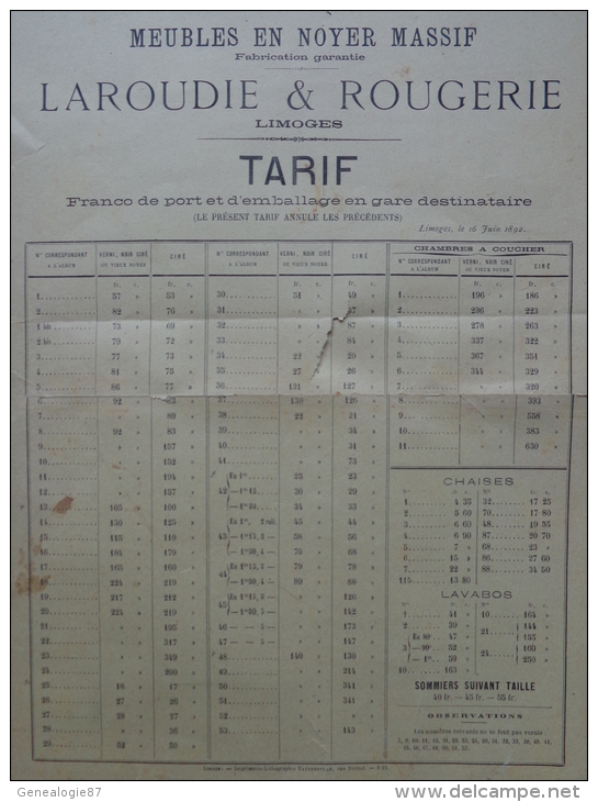 87 - LIMOGES - AFFICHETTE TARIFS MEUBLES EN NOYER MASSIF- LAROUDIE & ROUGERIE -1892 - Affiches