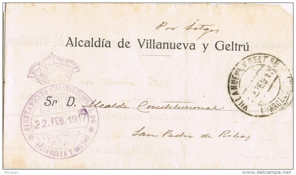5131. Carta VILLANUEVA Y GELTRU (Barcelona) 1917. Franquicia Ayuntamiento - Cartas & Documentos