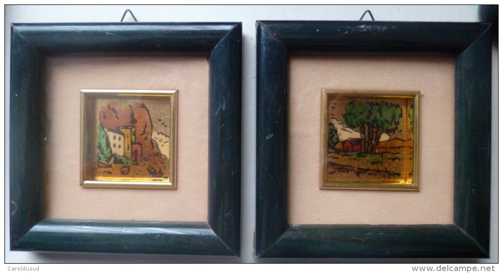 RARE Lot 2x Cadre D'origine En Bois Laqué Dos Velour Litho Paysage Foglia Oro 23 3/4 Dim 10.5x10.5 - Prints & Engravings